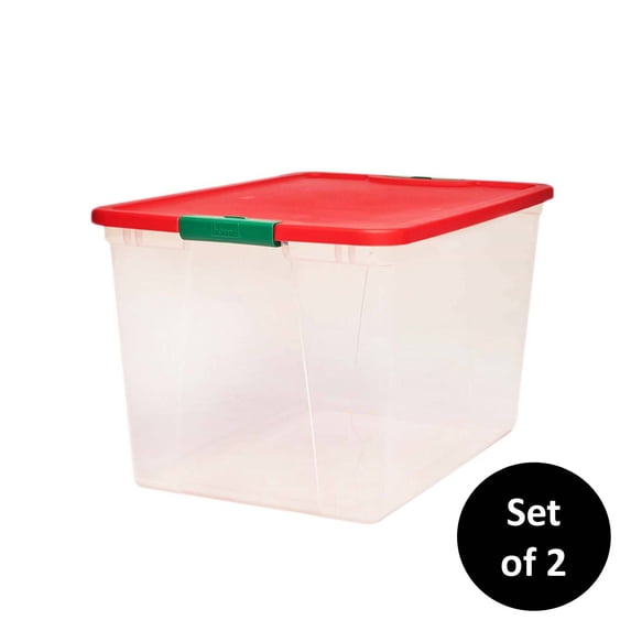 Homz 16 Gallon Latching Plastic Storage Box With Lid, Red and Green, 2 Count