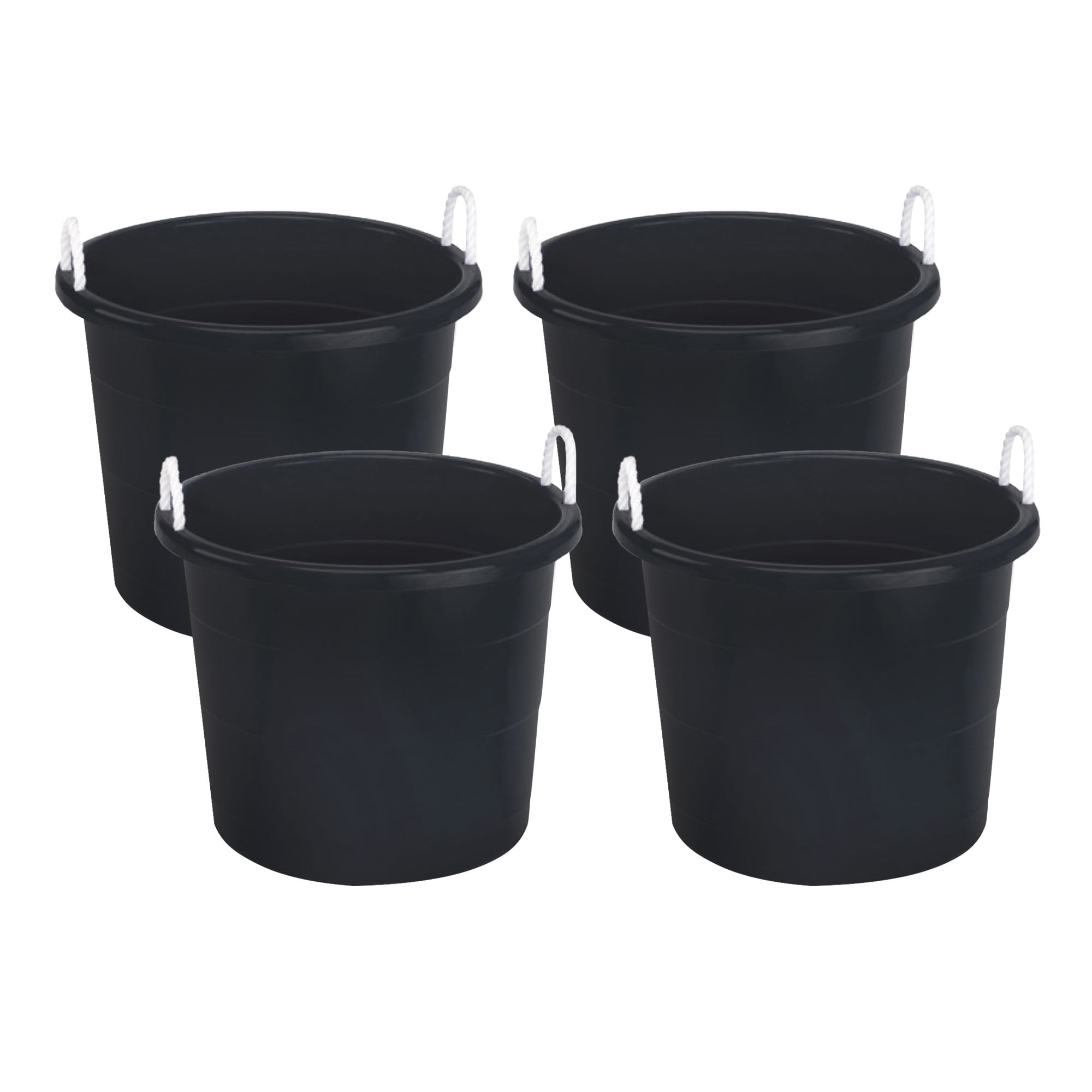 Set of 4 Black Large Plastic Utility Storage Buckets with Rope Handles