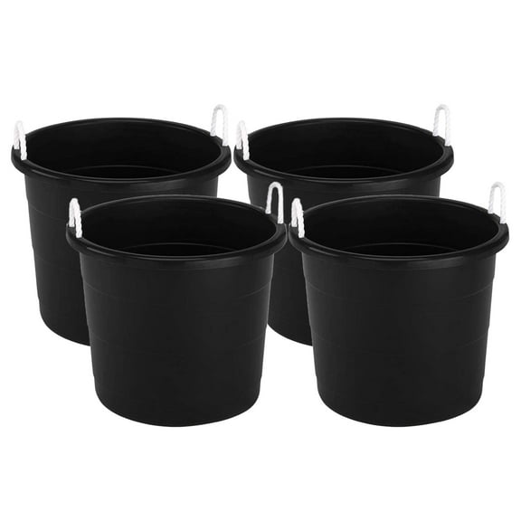 Homz 18 Gallon Utility Storage Bucket Tub with Rope Handles, Black, 4 Pack