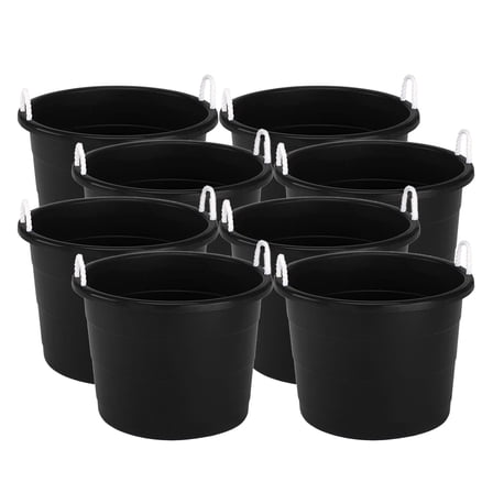 Homz 18 Gallon Utility Storage Bucket Tub with Rope Handles, Black, 8 Pack