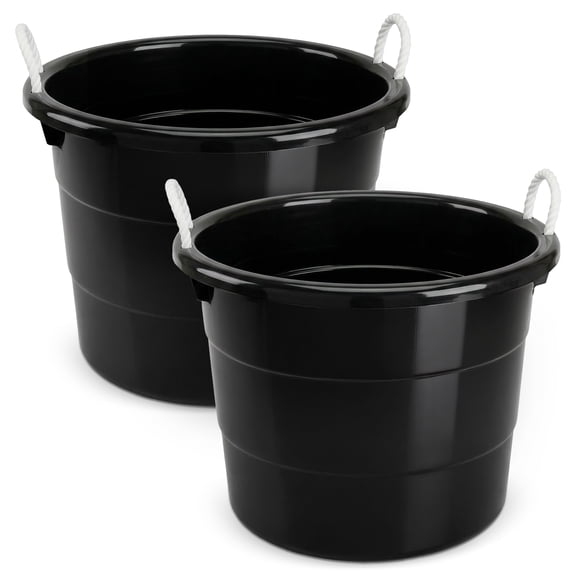 Homz 18 Gallon Utility Storage Buckets with Rope Handles, Black, (2 Pack)