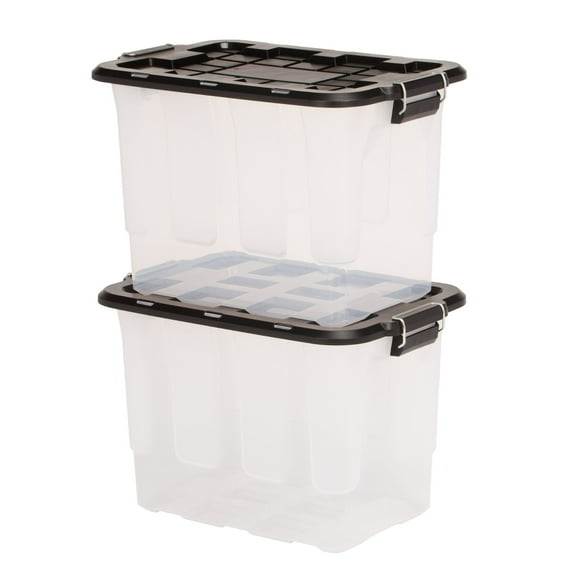 Homz 2 Pack 20-Gallon Clear Plastic Stackable Home Storage Bin with Lid, Black