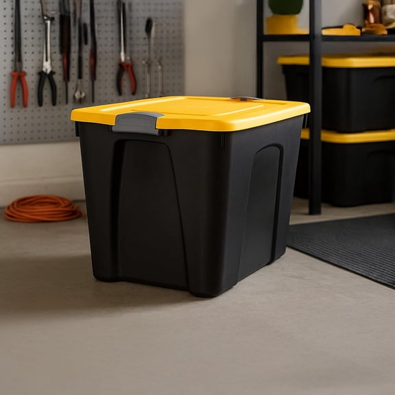Homz 22-Gallon Durabilt Plastic Stackable Storage Bins with Latching Lid and Handles, Black/Yellow (4 Pack)