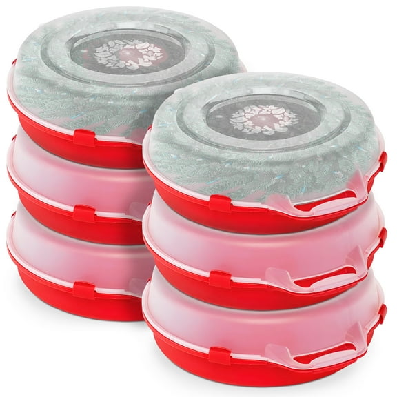 Homz 24'' Holiday Christmas Plastic Wreath Storage Box, Red (6 Pack)
