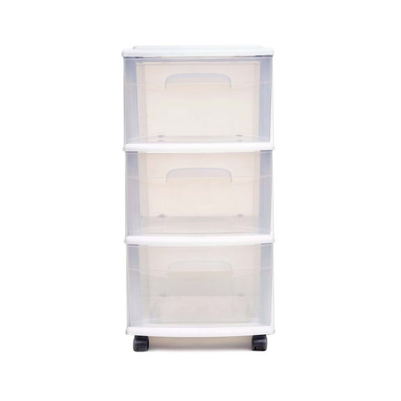 Homz® 3 Drawer Medium Cart with Casters / Wheels, White Frame with Clear Drawers