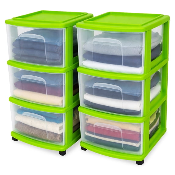 Homz 3-Drawer Medium Storage Container, Clear Drawers/Lime Frame (2 Pack)