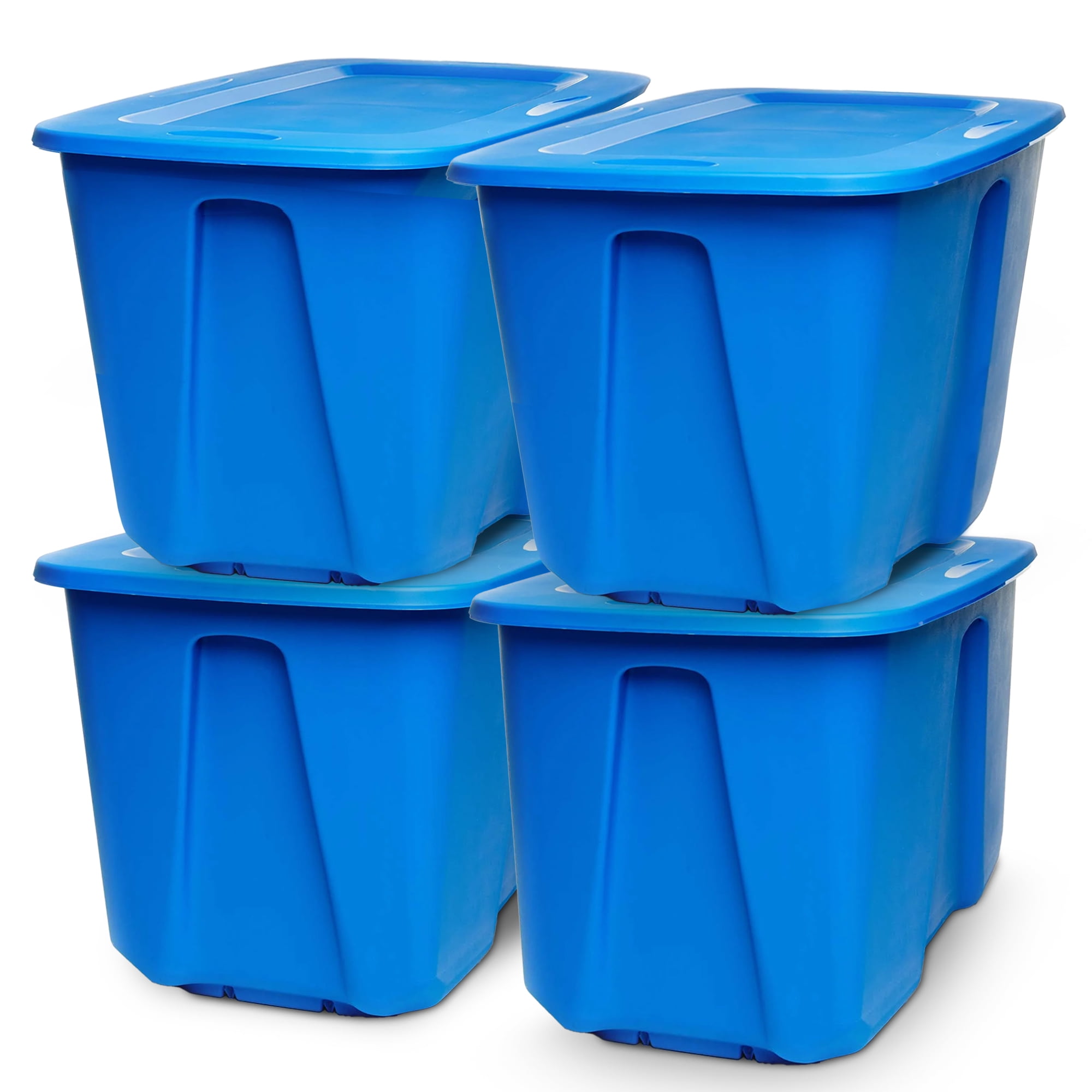 Heavy-Duty Blue Stackable Plastic Storage Bins with Lids, 32-Gallon, 4 Pack