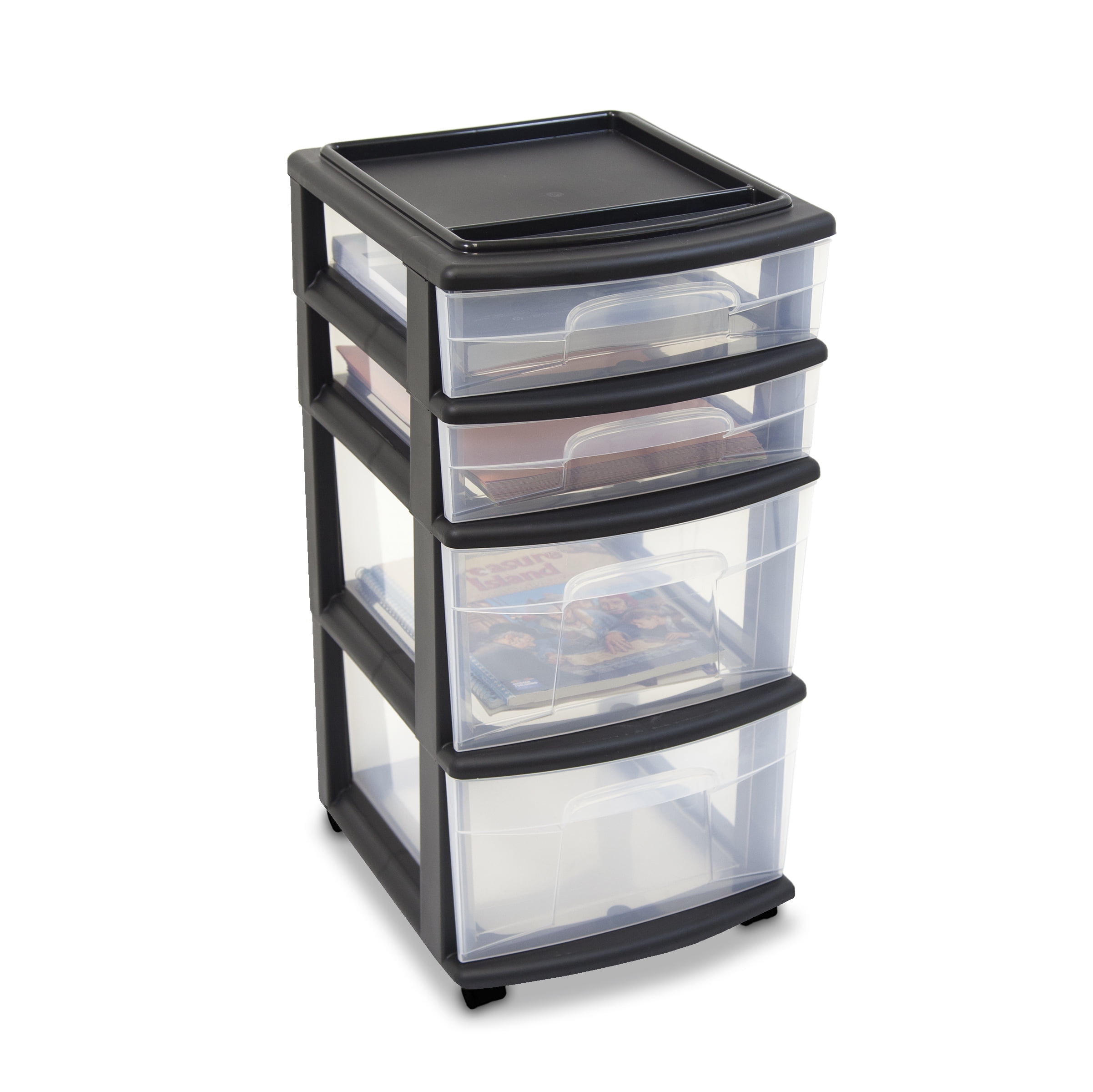 Medium Black and Clear Plastic 4-Drawer Storage Cart with Wheels