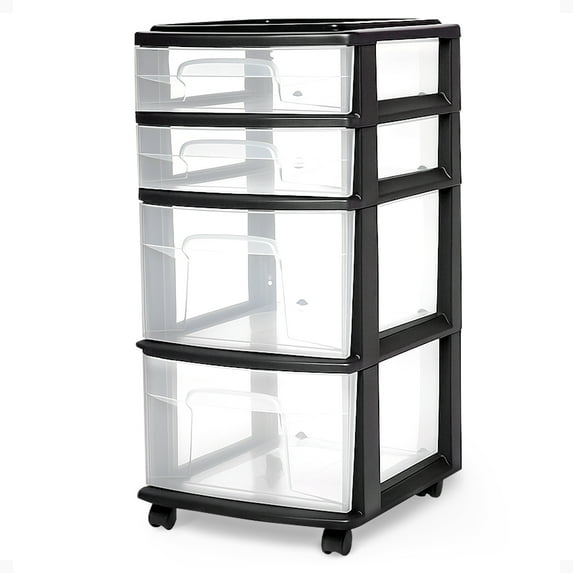 HOMZ 4-Drawer Plastic Cart Organizer with Removable Wheels, Medium, Black