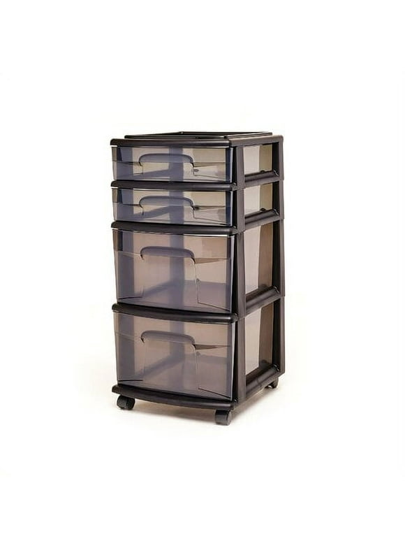 Homz 4 Medium Drawer Cart, Black with Tinted Drawers, with Wheels, Set of 1