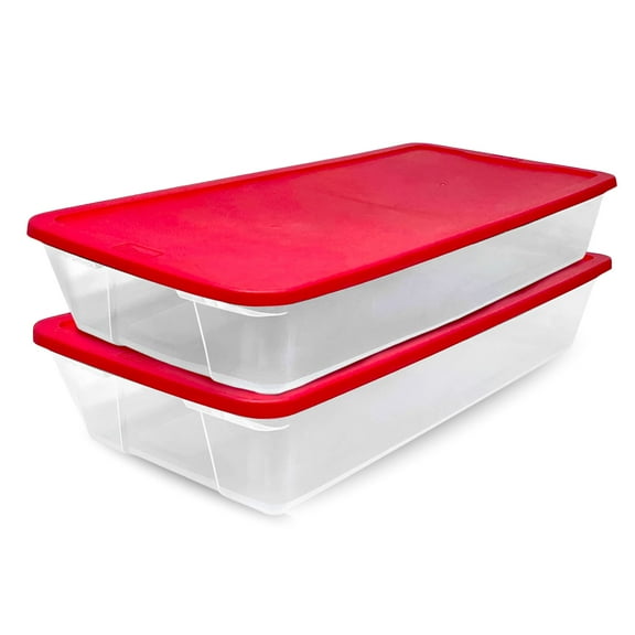 Homz 41 Quart Clear Plastic Holiday Storage Container with Red Lid, 2 Pack