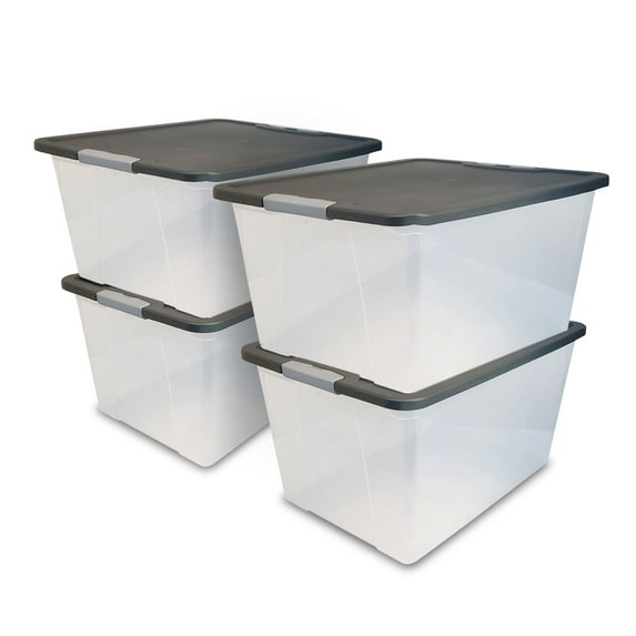 Homz 64 Qt Secure Latching Large Plastic Storage Bin w/ Gray Lid (4 Pack)
