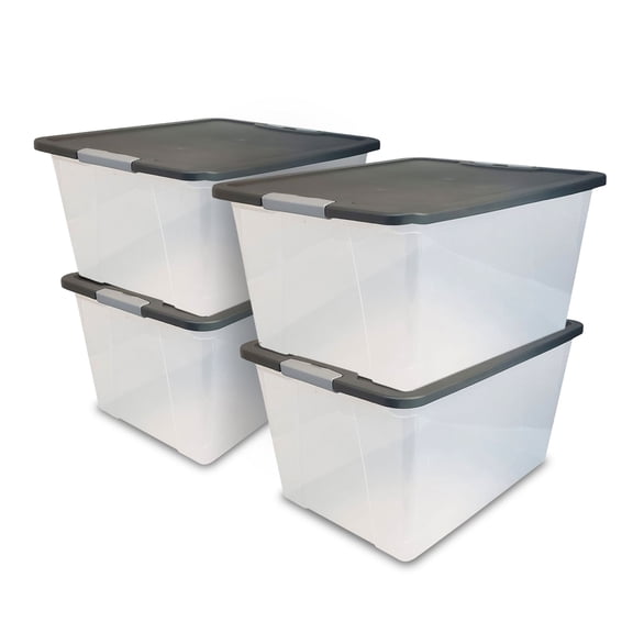 Homz 64 Qt Secure Latching Large Plastic Storage Bin w/ Gray Lid (4 Pack)