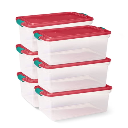 Homz 64 Quart Holiday Decor Plastic Storage Bin with Latching Lid, 6 Pack