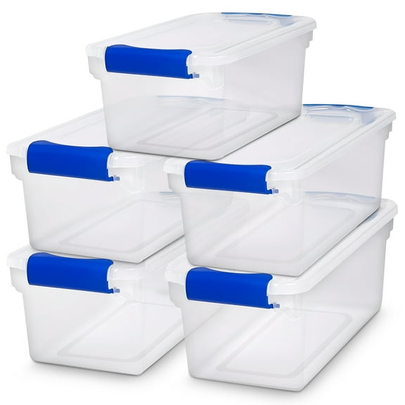 Homz 7.5qt Latching Plastic Storage Container, Clear/Blue, Set of 5
