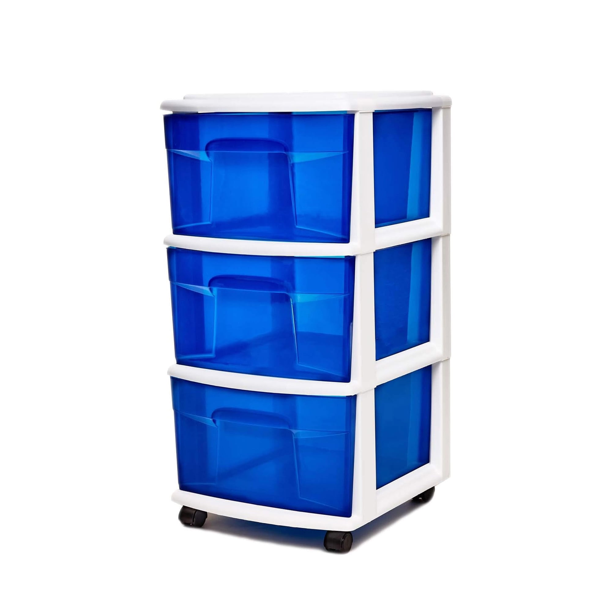 Blue and White Plastic 3-Drawer Storage Tower with Casters