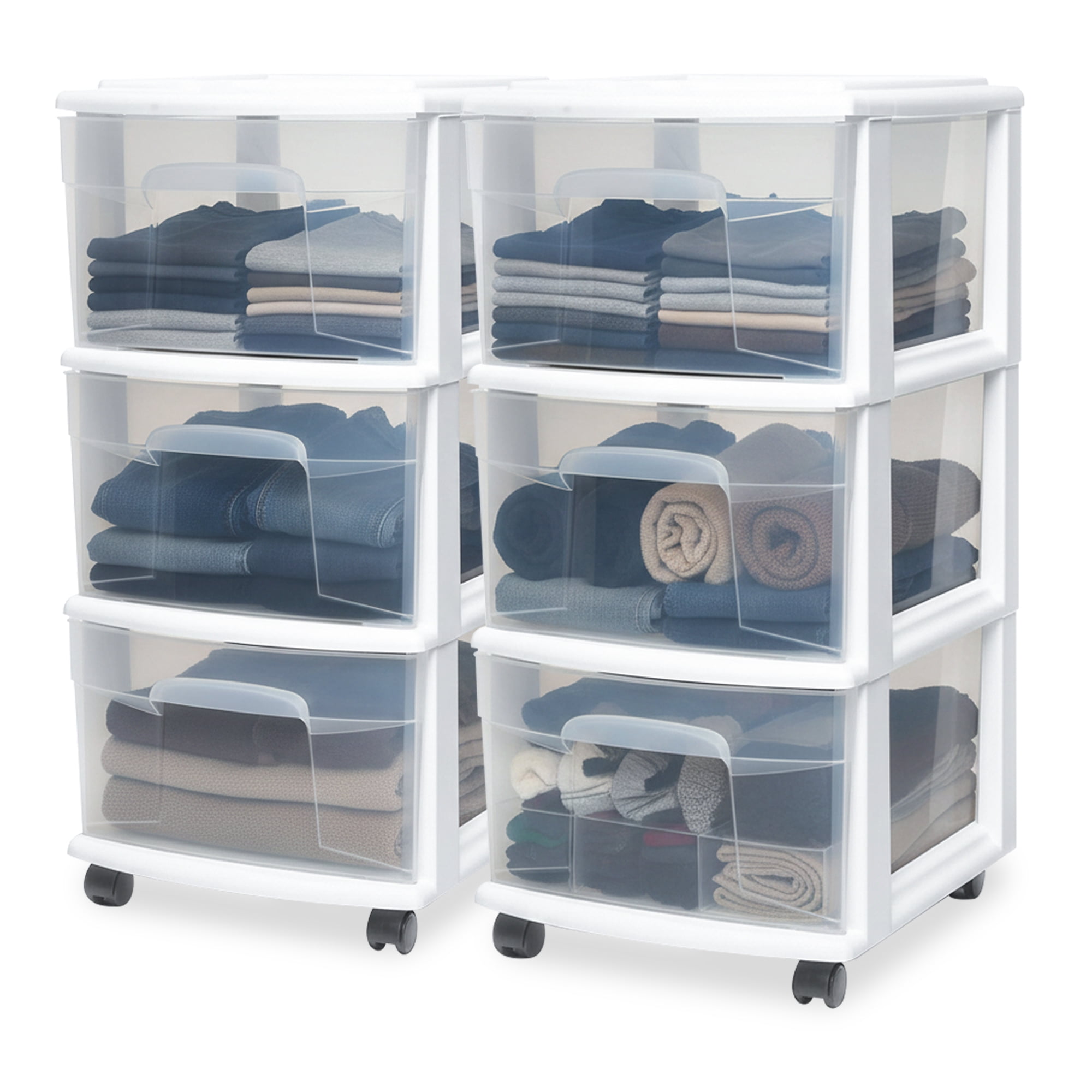 Homz Clear Plastic 3 Drawer Medium Home Storage Tower w/Wheels (2 Pack)