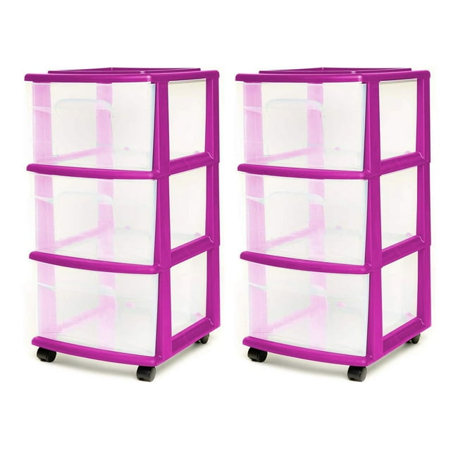 Homz Clear Plastic 3 Drawer Storage Container Tower w/Wheels, (2 Pack)