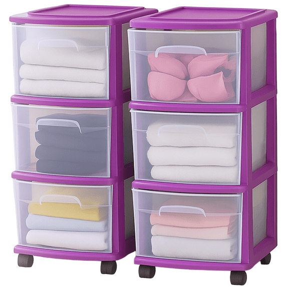 Homz Clear Plastic 3 Drawer Storage Container Tower w/Wheels, (2 Pack)