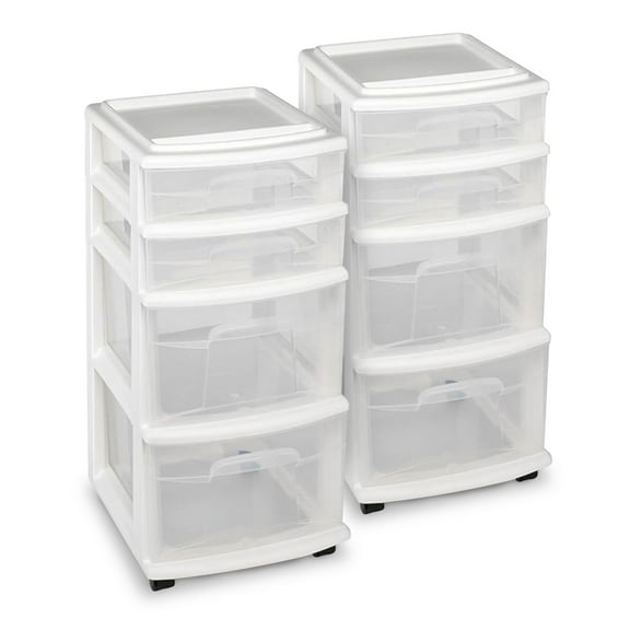Homz Clear Plastic 4 Drawer Home Storage Container Tower w/Wheels (2 Pack)