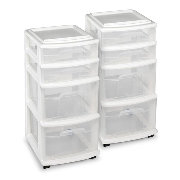 Homz Clear Plastic 4 Drawer Home Storage Container Tower w/Wheels (2 Pack)