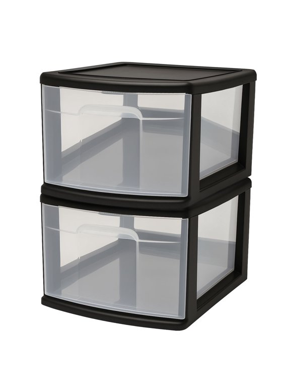 Plastic 1 Drawer Medium Home Storage Cart, Black Frame with Clear Drawer, 2 Pack