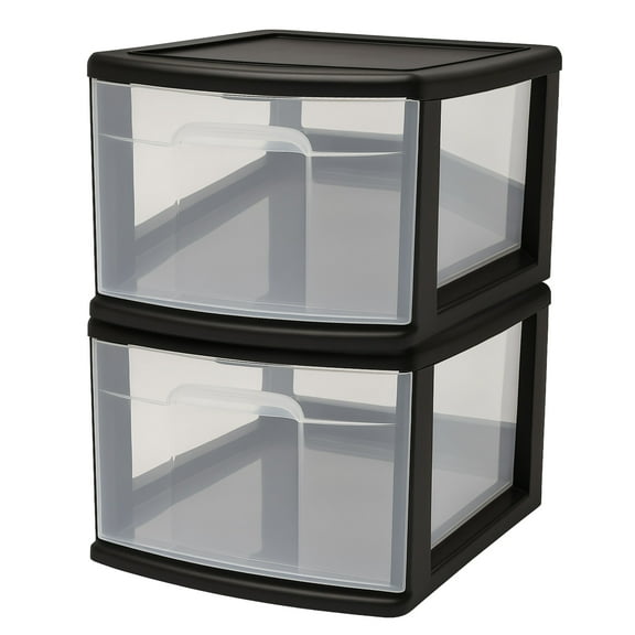 Homz Plastic 1 Drawer Medium Home Storage Cart, Black Frame with Clear Drawer, 2 Pack