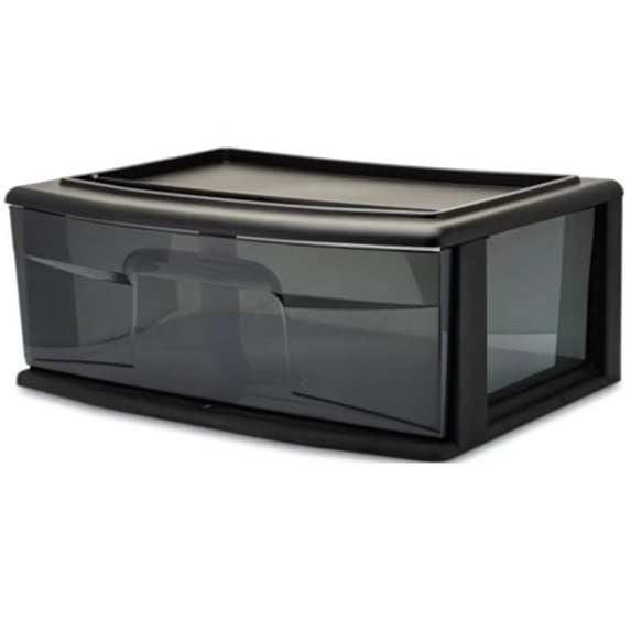 Homz Plastic 1 Drawer Wide Body Home Storage Cart, Black Frame with Smoke Drawer, 2 Pack