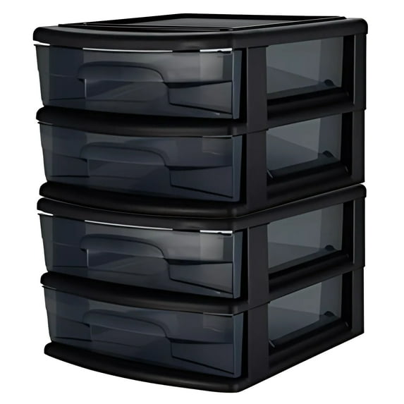 Homz Plastic 2 Drawer Medium Home Storage Cart, Black Frame with Smoke Tint Drawer, 2 Pack