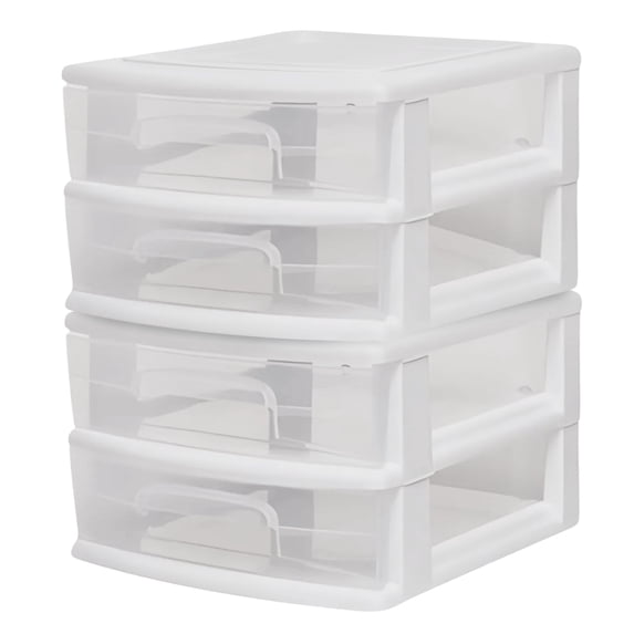 Homz Plastic 2 Drawer Medium Home Storage Cart, White Frame with Clear Drawer, 2 Pack