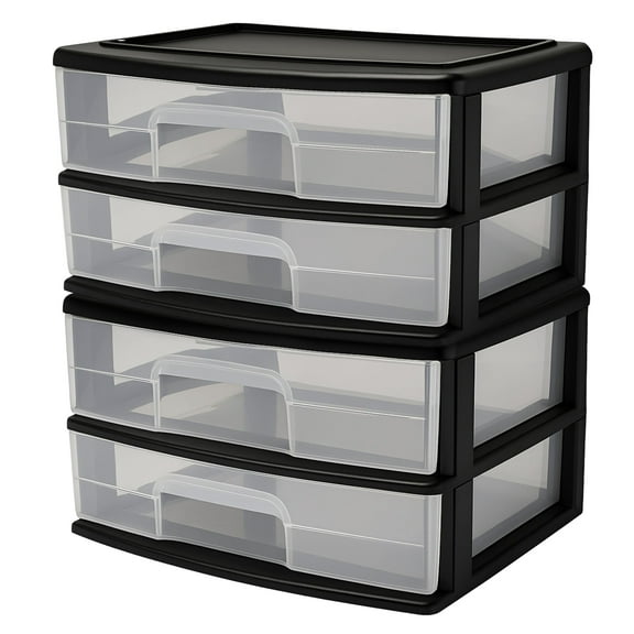 Homz Plastic 2 Drawer Wide Body Home Storage Cart, Black Frame with Clear Drawer, 2 Pack