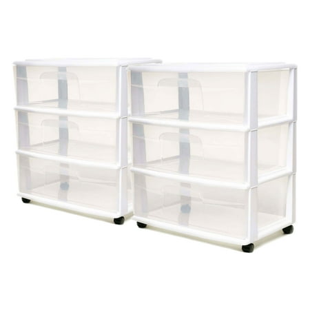 Homz Plastic 3 Clear Drawer Small Rolling Storage Tower, White, 2 Pack