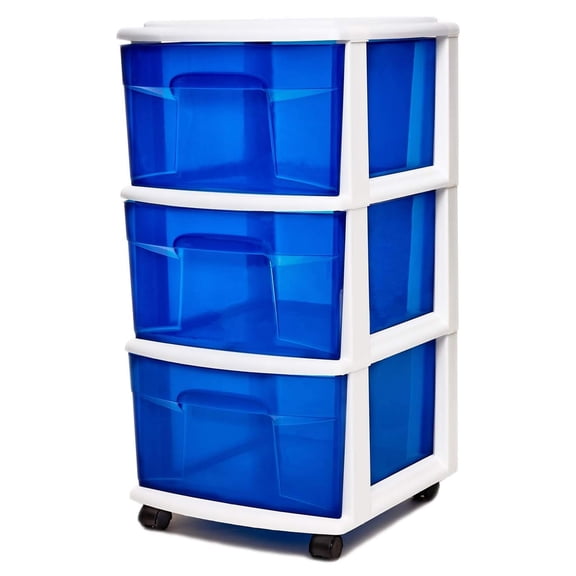 Open Box Homz Plastic 3 Drawer Med Storage Tower, Blue Drawers/White Frame