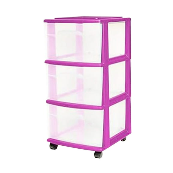Open Box Homz Plastic 3 Drawer Med Storage Tower, Clear Drawers/Purple Frame