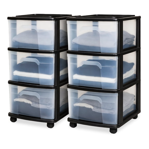Homz Plastic 3-Drawer Medium Home Storage Container Tower w/Wheels (2 Pack)