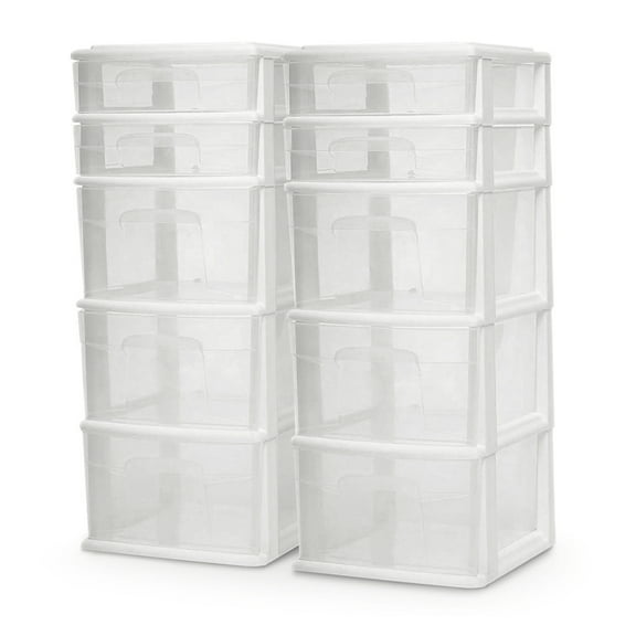 Homz Plastic 5 Drawer Home Storage Container Tower, White Frame (2 Pack)
