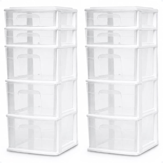 Homz Plastic 5 Drawer Home Storage Container Tower, White Frame (2 Pack)