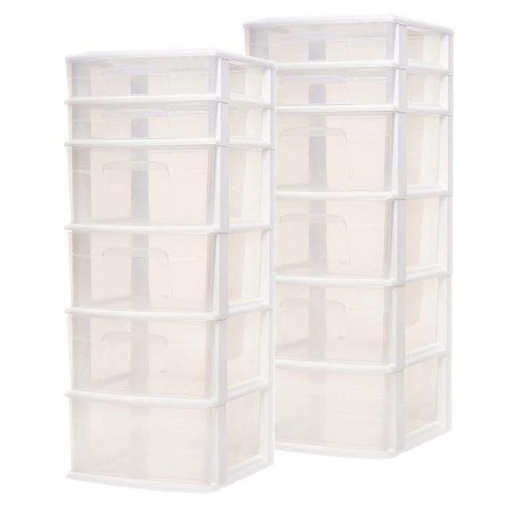 Homz Plastic 6 Clear Drawer Medium Home Storage Container Tower (2 Pack)