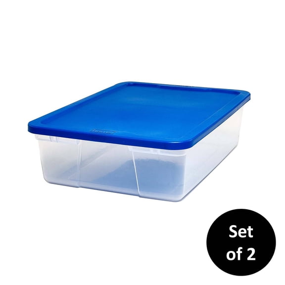 Homz Snaplock 28 Quart Clear Under Bed Storage Container with Blue Lid, Set of 2