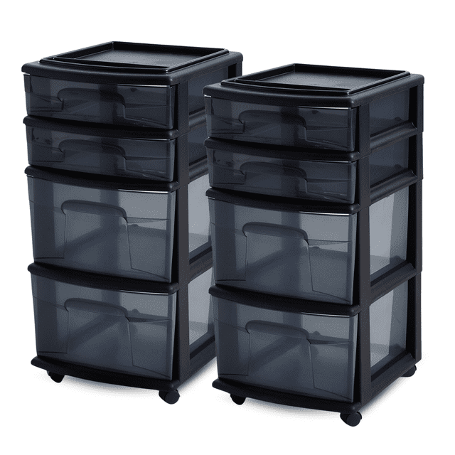 Homz Tall Solid Plastic 4 Drawer Medium Storage Cart, Black (2 Pack)