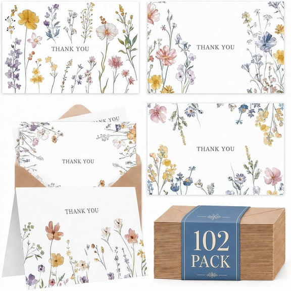 HonLi 102 PACK Floral Thank You Cards With Envelopes (4"x6") - Wildflower Blank Cards With Adhesive Envelopes & Matching Stickers for Wedding, Bridal Showers, Baby Showers, Birthday, All Occasion
