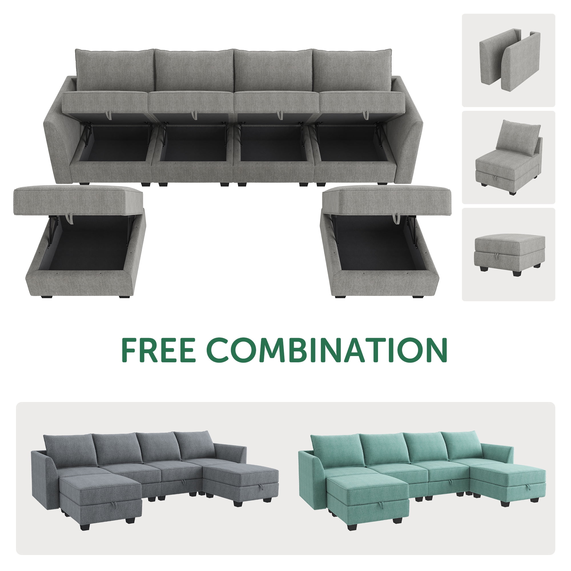 Gray Velvet Modular Sectional Sofa with Storage and Ottoman