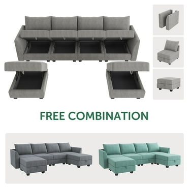 Honbay Large U-Shaped Sectional Sofa with Ottoman, 100% Polyester Living Room Furniture, Solid Wood, Gray