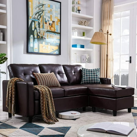 Honbay Modern Tufted Faux Leather L Shaped Sectional Sofa with Chaise for Small Space, Brown