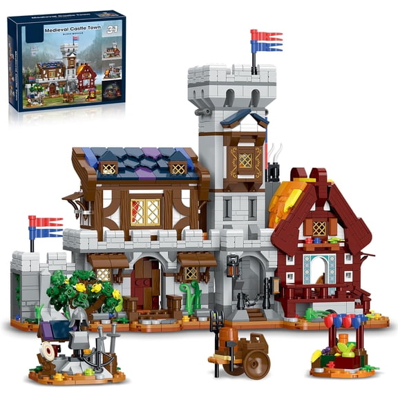 Honchoes 3-in-1 Medieval Castle Town House Building Set with LED Compatible with Lego House Architecture Model Decor Gift for Boys 1760 PCS