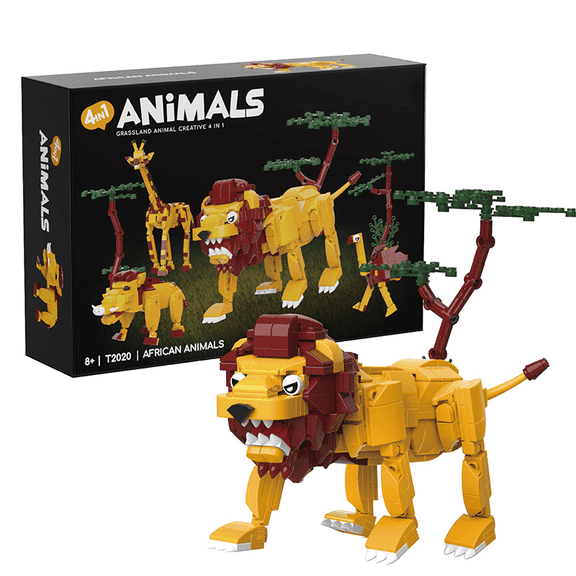 Honchoes 4-in-1 Grassland Animals Building Set Compatible with Lego Animal Lion Giraffe Model Gift for Boys Girls