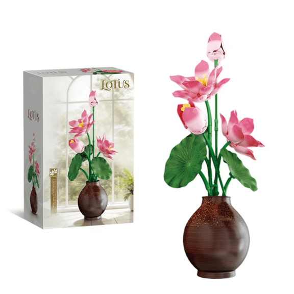 Honchoes Artificial Lotus Flower Bouquet Building Sets Office Decor Compatible With Lego Botanical Plant Model With Vase For Adult Womens 256