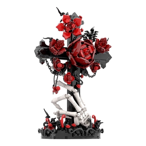 Honchoes Gothic Skull Hand Cross Rose Building Set Compatible with Lego MOC Flower Decor for Adults 636 Pcs