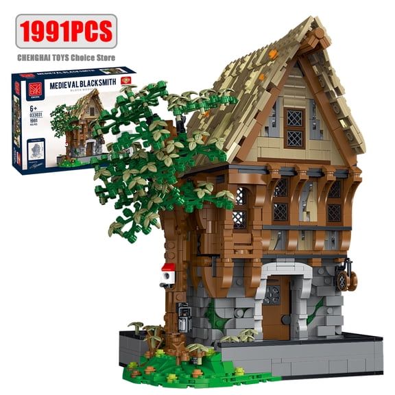 Honchoes Medieval Blacksmith's Shop House Building Set Compatible with Lego Vintage Architecture Decor Gift for Adults 1991 Pcs