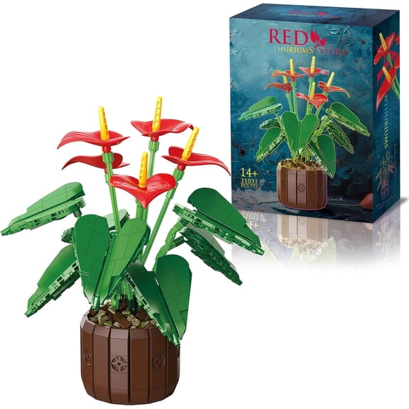 Honchoes Red Anthurium Flower Building Set Compatible with Lego Botanical Home Office Decor for Adults 732 Pcs